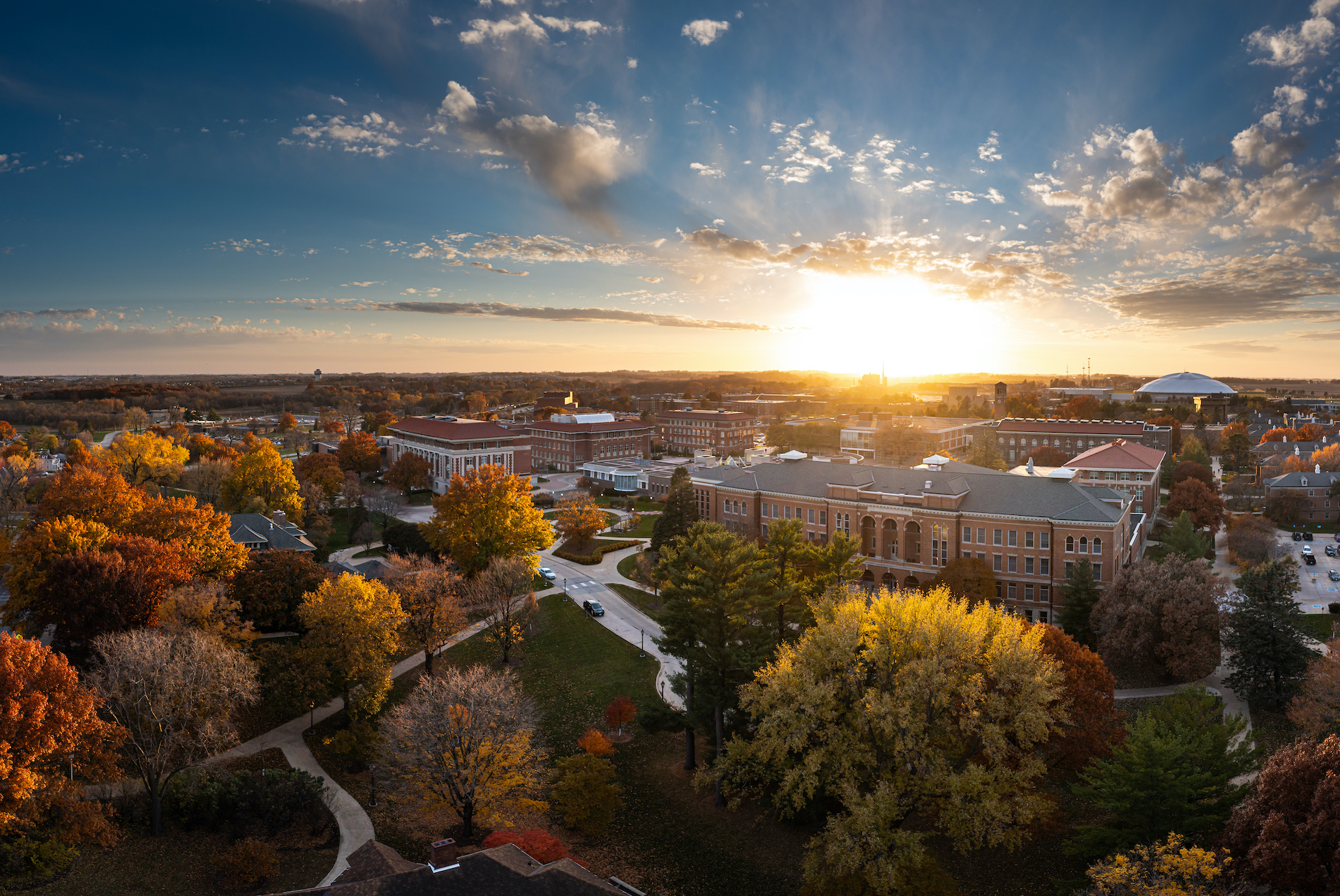 Fall drone scene of campus