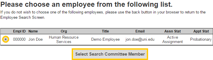 Select Employee Name, Select Search Committee Member Button