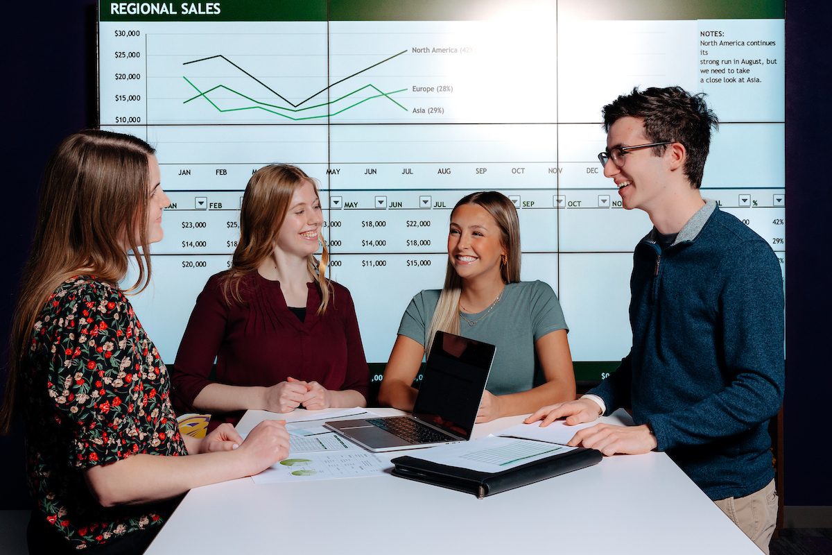 Students standing in front of sales graph