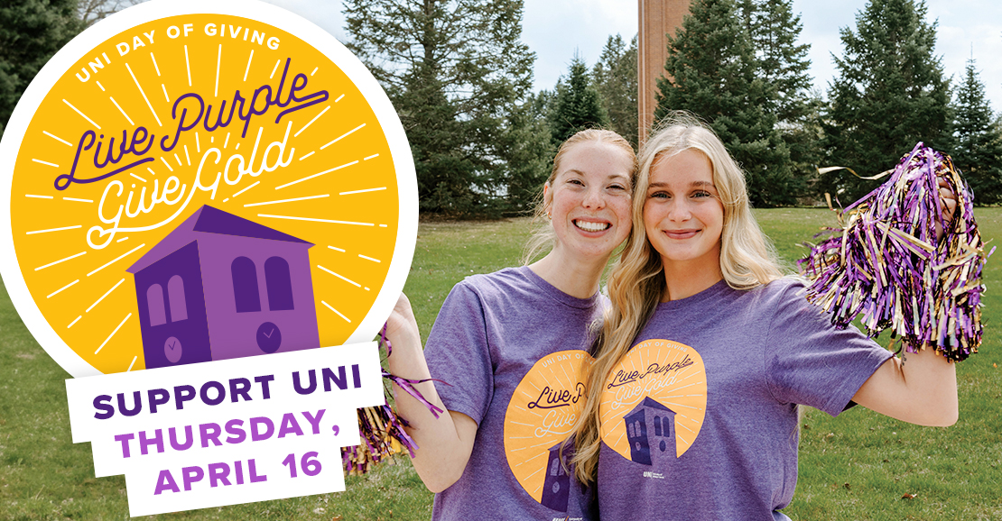 Live Purple Give Gold graphic of two students in front of the Campanile.